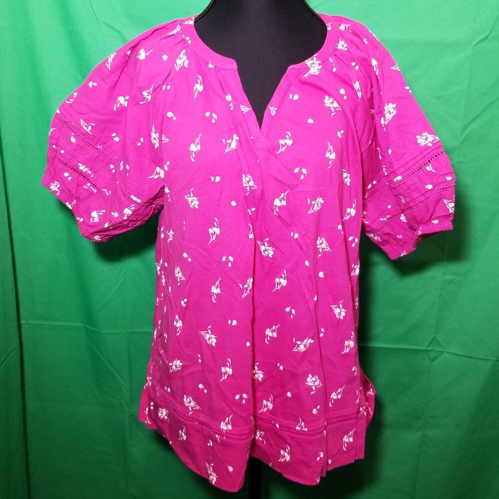 Lane Bryant Womens 10/12 Floral Puff Sleeves Blouse Pink Boho Cottage Peasant